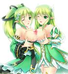  backlighting breast_press breasts detached_sleeves dual_persona elf elsword grand_archer_(elsword) green_eyes green_hair green_sleeves hair_ornament highres lactation large_breasts long_hair multiple_girls nipples one_eye_closed open_mouth pointy_ears ponytail rena_(elsword) simple_background skirt smile symmetrical_docking tsukimi_kirara white_background white_sleeves wind_sneaker_(elsword) 
