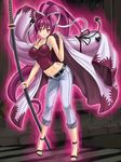  breasts camisole cape capri_pants hammerman_benkei katana large_breasts looking_at_viewer pants pants_rolled_up ponytail purple_eyes purple_hair sandals smile solo sword tail under_night_in-birth weapon yuzuriha_(under_night_in-birth) 