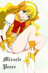  blonde_hair character_name hair_ornament long_hair long_legs miracle_peace niwatori_kokezou precure ribbon smile smile_precure! solo white_background yellow_eyes 