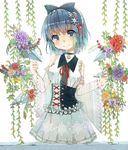  absurdres acidear bare_shoulders blue_eyes blue_hair blush cirno detached_sleeves dress flower hair_ornament hairband highres ice ice_wings lolita_hairband short_hair smile solo touhou wings 