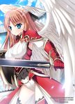  angel angel_wings armor blonde_hair blue_eyes halo head_wings holding holding_sword holding_weapon kaho_okashii looking_at_viewer original shield solo sword thighhighs weapon wings 