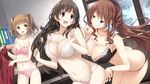  3girls black_bra black_eyes black_hair black_panties bra breasts brown_hair cleavage game_cg happy kiss_bell large_breasts long_hair marui_(koedame) mikoto_akemi multiple_girls navel open_mouth panties smile standing twintails underwear white_bra white_panties window yellow_eyes 