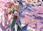  asuna_(sao) blonde_hair braid breasts brown_eyes brown_hair cleavage cloud dress elf floating_island green_eyes green_wings large_breasts leafa long_hair looking_at_viewer medium_breasts multiple_girls pointy_ears ponytail same_face sky smile sword_art_online titania_(sao) twin_braids uehara_yukihiko wings 