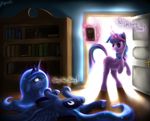  angerelic blue_hair bookcase crown cutie_mark door duo english_text equine female feral friendship_is_magic goofy_time hair hi_res horn horse long_hair lying mammal meme metro_2033 multi-colored_hair my_little_pony on_side parody pony princess_luna_(mlp) purple_eyes royalty text twilight_sparkle_(mlp) unicorn winged_unicorn wings 