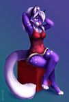  4_toes bra cat digitigrade feline female hair hindpaw jinxy_falina looking_at_viewer mammal nightgown panties paws pink_eyes purple_body sheer_clothing sitting solo tazara toes underwear whiskers white_hair 