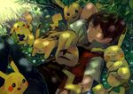  berries brown_hair closed_eyes dappled_sunlight flower gen_1_pokemon jacket minahamu on_grass pikachu pokemon pokemon_(creature) pokemon_(game) pokemon_rgby red_(pokemon) red_(pokemon_rgby) short_hair sleeping sunlight too_many too_many_pikachu 