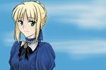  ahoge alternate_costume artoria_pendragon_(all) blonde_hair blue_sky braid day fate/stay_night fate_(series) french_braid green_eyes hair_bun saber sky smile solo tusia 