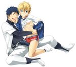  bad_id bad_pixiv_id baseball_uniform blonde_hair blue_eyes blue_hair boxer_briefs bulge cheek_pull full_body kyouta_(a01891226) male_focus male_underwear multiple_boys open_mouth original shirt_lift smile socks sportswear underwear yaoi yellow_eyes 