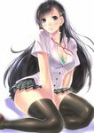  bad_id bad_pixiv_id black_hair black_legwear blue_eyes blush bra docoi hair_ornament hairclip long_hair original ribbon shirt skirt solo thick_thighs thighhighs thighs underwear white_background white_shirt 