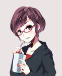  1girl akku_lude drink glasses looking_at_viewer original pink_background purple_eyes purple_hair red-framed_glasses short_hair simple_background sleeves_past_wrists smile solo sweater 