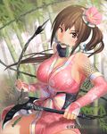  bad_id bad_pixiv_id breasts bridal_gauntlets brown_eyes brown_hair chain ddal flower genderswap genderswap_(mtf) hair_flower hair_ornament kama_(weapon) kusarigama large_breasts long_hair mouth_hold shishido_baiken sickle side_ponytail solo souken_no_cross_age weapon whip 