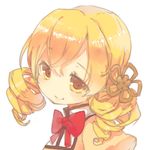  acidear bad_id bad_pixiv_id blonde_hair bow drill_hair hair_ornament mahou_shoujo_madoka_magica school_uniform simple_background smile solo tomoe_mami twin_drills twintails upper_body white_background yellow_eyes 
