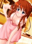  bare_shoulders blue_eyes blush breasts brown_hair count_zero dress hand_on_hips highres long_hair looking_at_viewer neon_genesis_evangelion nipples no_bra smile solo soryu_asuka_langley standing 