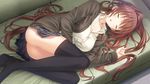  1girl ass blush breasts brown_hair cleavage eyes_closed game_cg kiss_bell large_breasts long_hair lying mikoto_akemi open_mouth skirt sleeping socks solo 