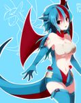  animal_ears bare_shoulders blue_hair blue_legwear breasts choker dragon_girl elbow_gloves gen_3_pokemon gloves highres large_breasts long_hair multicolored_hair navel personification pokemon red_eyes red_hair red_wings salamence solo tail takeshima_(nia) thighhighs underboob wings 