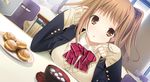  beige_sweater blazer bow bowtie breast_rest breasts brown_eyes brown_hair game_cg jacket kissbell large_breasts looking_at_viewer marui_(koedame) nagatsuda_yumi school_uniform sleeves_past_wrists solo two_side_up v-neck 