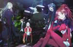  2boys 3girls absurdres bodysuit guilty_crown highres katou_hiromi multiple_boys multiple_girls ouma_shu ouma_shuu shinomiya_ayase tsugumi_(guilty_crown) tsutsugami_gai yuzuriha_inori 