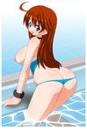  all_fours ass bakuretsu_tenshi bare_shoulders blue_eyes blush breasts large_breasts long_hair looking_back meg meg_(bakuretsu_tenshi) nipples open_mouth orange_hair pool shishimaru_ken&#039;ya shishimaru_ken'ya solo swimsuit water 