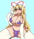  bikini blonde_hair blush breasts cleavage covered_nipples digikino dripping elbow_gloves food gloves hat hat_ribbon huge_breasts kneeling long_hair micro_bikini naughty_face plump popsicle purple_bikini purple_eyes ribbon solo sweat swimsuit thick_thighs thighhighs thighs touhou underboob very_long_hair white_gloves white_legwear yakumo_yukari 