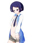  3: blue_eyes blue_hair bra dokidoki!_precure highres kenzaki_makoto navel necktie open_clothes open_shirt panties panty_pull precure shirt shirt_lift short_hair shorts solo sweatdrop takeda_yukimura unbuttoned underwear undressing 