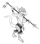  anthro armor black_and_white clothed clothing guoh half-dressed horn knee_pads kobold male monochrome open_mouth plain_background polearm pose scalie scar solo spear standing topless weapon white_background 