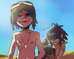  1girl a-ka backlighting blue_sky day desert dog_tags empty_eyes english flat_chest goggles goggles_on_headwear gorillaz helmet marker missing_teeth musical_note nipples noodle_(gorillaz) pointy_ears romaji sand shirtless sky stuart_pot writing 