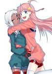  2girls :d ahoge bad_id bad_pixiv_id blue_eyes blush_stickers braid dark_skin freckles hug kurumiya_hato lal'c_mellk_mal long_hair multiple_girls nono_(top_wo_nerae_2!) open_mouth pink_hair short_hair smile thighhighs top_wo_nerae_2! white_hair yellow_eyes 