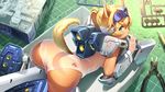  animal_ears ass blonde_hair blush flyx2 fox_ears fox_tail gm_sniper_ii green_eyes gundam gundam_side_story:_rise_from_the_ashes long_hair lying mecha_musume on_stomach one-piece_swimsuit original palette_knife pliers ponytail solo swimsuit tail white_swimsuit 