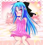  babydoll blue_hair blush bow embarrassed frilled_pillow frills hair_bow half_updo knees_together_feet_apart len long_hair melty_blood on_bed pillow pointy_ears red_eyes sitting solo sondenkou tsukihime 