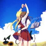  blonde_hair book brown_hair code dropping flower fork gime gun harmony_(itou_keikaku) hidden_face hug knife multiple_girls open_book pill school_uniform spoon sunflower twintails weapon wristband yuri 