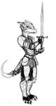  ambiguous_gender anthro armor black_and_white clothing guoh horn kobold monochrome plain_background pose scalie sketch solo standing sword weapon white_background 