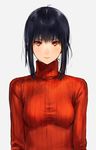  black_hair blush breasts closed_mouth expressionless lips looking_at_viewer makimura_shunsuke medium_breasts original red_eyes ribbed_sweater short_hair sidelocks simple_background solo sweater turtleneck upper_body white_background 