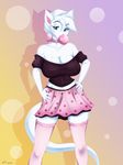  big_breasts blue_eyes blush bow breasts bubble bubble_gum cat cleavage clothed clothing feline female fur hair jessica_elwood legwear looking_at_viewer mammal pink_nose short_hair skirt smile solo standing stockings thigh_highs white_fur white_hair 
