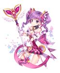  aisha_(elsword) back_bow bow breasts cleavage dimension_witch_(elsword) elsword gloves hair_ribbon holding holding_wand looking_at_viewer medium_breasts nardack pink_bow purple_eyes purple_hair purple_skirt ribbon skirt smile solo staff twintails wand white_gloves 
