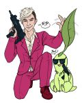  2015 ambiguous_gender chikorita clothed clothing crossover dialogue duo ear_piercing english_text eyewear far_cry far_cry_4 green_skin gun handgun holding_object holding_weapon human jewelry kainbunny kneeling leaf looking_at_viewer male mammal necklace nintendo open_mouth open_smile pagan_min piercing pink_clothing pistol pok&eacute;mon pok&eacute;mon_(species) ranged_weapon smile speech_bubble submachine_gun sunglasses text ubisoft video_games weapon 