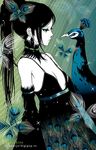  bird black_dress black_hair blue_eyes breasts bug butterfly cleavage detached_sleeves dress earrings eri_kamijo eye_contact eyeshadow feathers insect jewelry long_hair looking_at_another makeup necklace original pale_skin peacock ponytail small_breasts solo 