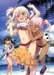  3girls :3 :d absurdres armpits assisted_exposure beach bikini black_bikini black_hair blush camisole chloe_von_einzbern cloud corn dark_skin day demon_tail double_bun fate/kaleid_liner_prisma_illya fate_(series) flower food food_in_mouth frilled_bikini frills hair_flower hair_ornament hairclip highres hiroyama_hiroshi illyasviel_von_einzbern jitome midriff miniskirt miyu_edelfelt multiple_girls navel no_socks one_side_up open_mouth outdoors palm_tree pink_bikini pink_hair polka_dot polka_dot_bikini polka_dot_swimsuit popsicle red_eyes sarong scrunchie shirt_lift shoes side-tie_bikini skirt skirt_pull sky smile sneakers striped striped_scrunchie surprised sweat swimsuit tail tree twintails water wavy_mouth white_sarong yuri 