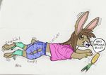  carrot clothing digitigrade female feral invalid_tag lagomorph mammal pants paws plain_background rabbit shirt text torn_clothing transformation unwilling 