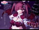  :o acura_(momoiro_taisen_pairon) blush breasts brown_eyes capelet christmas cleavage elbow_gloves gloves hair_over_one_eye hairband head_wings holding jema large_breasts letterboxed momoiro_taisen_pairon pointy_ears red_hair skirt snowing solo translated twintails watermark web_address wings 