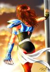  aquila_marin armor ass back breastplate fingerless_gloves gloves leotard long_hair mask mask_removed orange_hair pantyhose pillar red_hair red_legwear saint_seiya shoulder_pads solo standing thighhighs 