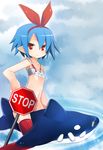  blue_hair disgaea flat_chest hair_ribbon hairband no_panties original pleinair red_eyes red_legwear ribbon riding shark short_hair sign solo stop_sign straddling stuffed_animal stuffed_shark stuffed_toy thighhighs tusia very_short_hair 