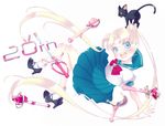  :d anniversary bad_id bad_pixiv_id bishoujo_senshi_sailor_moon black_footwear blue_sailor_collar bow cat cutie_moon_rod eternal_tiare full_body high_heels juuban_middle_school_uniform kaleidomoon_scope long_hair luna_(sailor_moon) moon_stick on_head open_mouth pale_color pleated_skirt red_bow sailor_collar school_uniform serafuku shoes skirt smile socks solo spiral_heart_moon_rod tsukino_usagi twintails u_lon wand white_background 