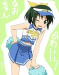  ;d blush green_eyes green_hair hand_on_hip looking_at_viewer midorikawa_nao midriff navel one_eye_closed open_mouth pom_poms precure short_hair simple_background skirt smile smile_precure! solo tonbi translated visor_cap 