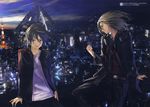  2boys absurdres background blonde_hair brown_eyes brown_hair city guilty_crown highres long_hair male male_focus multiple_boys official_art ouma_shu ouma_shuu redjuice scenery short_hair tsutsugami_gai 