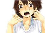  blush brown_eyes brown_hair commentary open_mouth original school_uniform short_hair solo sweater_vest tears uvula yui_7 