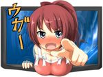  1girl 3d becky1 blue_eyes blush breasts character_request fang large_breasts looking_at_viewer open_mouth paper_man paperman pointing red_hair rika_(paperman) solo tears television translated ukami 