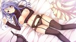  bed breast_hold breasts game_cg garter_belt kanojo_to_ore_to_koibito_to kozumi_chikage marui nipples panties pulltop purple_eyes purple_hair shirt_lift stockings underwear 