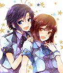  black_hair blue_eyes brown_eyes brown_hair hagiwara_yukiho hands_on_shoulders idolmaster idolmaster_(classic) idolmaster_shiny_festa kikuchi_makoto looking_at_viewer multiple_girls open_mouth rishi_(kurou) short_hair short_sleeves smile star 