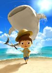  1boy animal_crossing beach black_eyes brown_hair cloud doubutsu_no_mori fishing fishing_pole fishing_rod hat marukaha2 noske open_mouth player_1 running scared shark short_hair shorts sky straw_hat tears villager_(doubutsu_no_mori) water whale_shark 