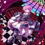  ankle_cuffs bespectacled black_legwear checkered checkered_floor curtains dress flower glasses hairband heart komeiji_satori nikka_(cryptomeria) open_mouth pantyhose petals pink_eyes pink_hair sleeves_past_wrists solo stained_glass stairs third_eye touhou wind 